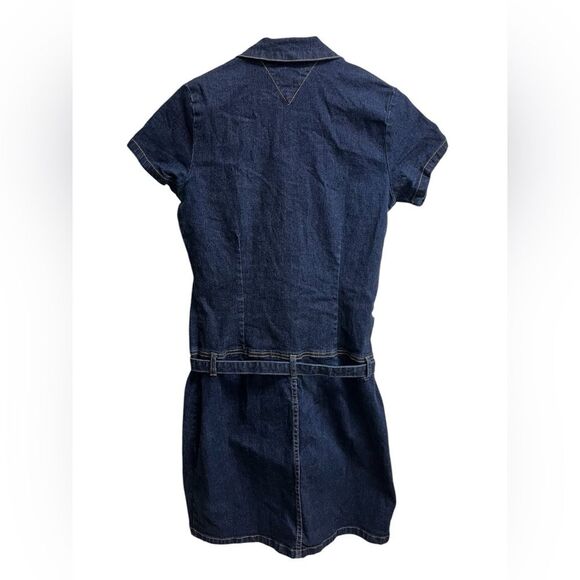 VTG Y2K Tommy Hilfiger Jeans Dark Wash Denim Button-front Belted Mini Dress SZ L - Picture 2 of 4